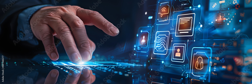 Poster man hand using cybersecurity interface