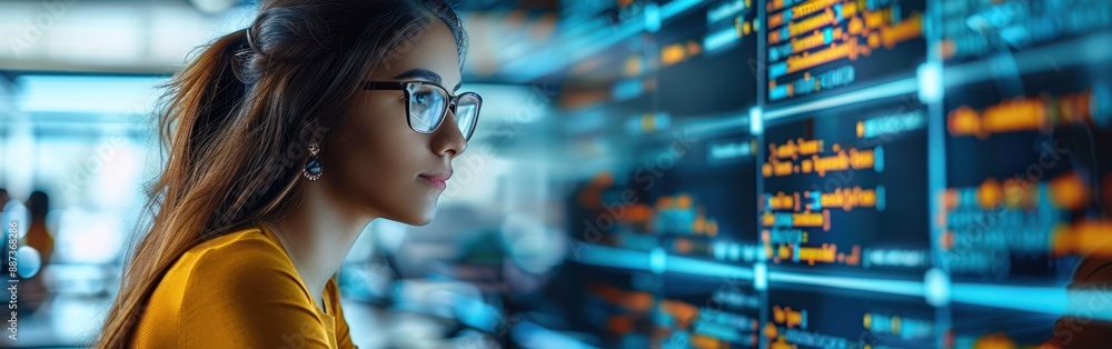 Poster focused programmer examining code on large screen