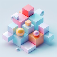 Obraz premium Abstract Futuristic 3D Render Minimalistic Style with Floating Geometric Shapes Isometric Design, Light Color Theme, Bright Background, and Soft Lighting