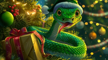 Fototapeta premium A green snake wearing a New Year's hat holds gifts against a Christmas tree background