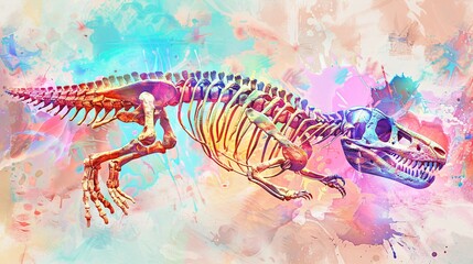 Artistic 3D fossil skeleton in vibrant watercolor style, ultra-sharp, isolated on a pastel background