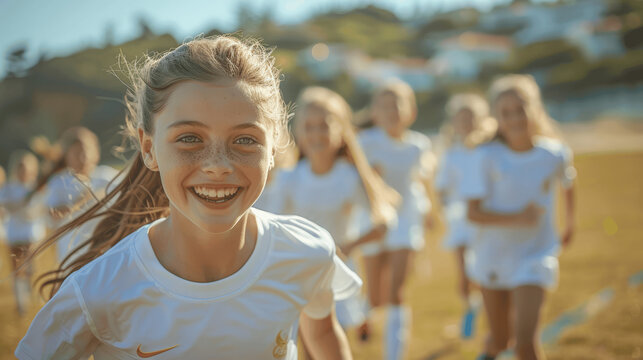 Teenage Girls Soccer Team Playing Soccer on Field in Green Kits Running and Dribbling with Determination in Midday Sun during an Outdoor Game