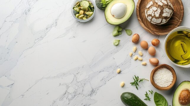 A marble countertop displays an assortment of fresh ingredients, including avocado, cucumber, broccoli, eggs, herbs, olive oil, and salt, ready to be transformed into a delicious and nutritious meal