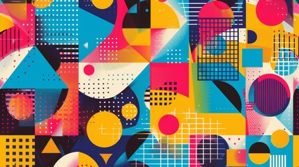 Fototapeta premium Vibrant Geometric Abstract: A dynamic and colorful explosion of shapes and patterns. This modern artwork features bold colors, geometric forms, and a playful composition.