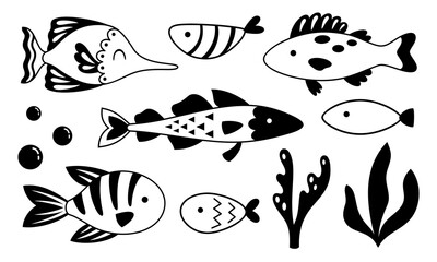 Black and white fish clipart. Nautical clipart in cartoon flat style. Ocean clipart. Sea doodle. Hand drawn vector illustration.