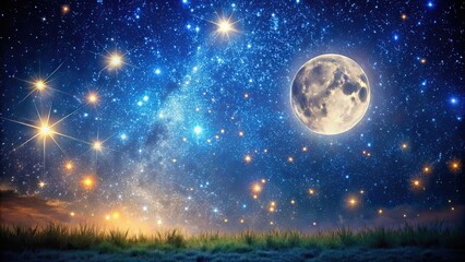 Fototapeta premium Starry night sky with shimmering stars and a bright full moon, astronomy, celestial, night, galaxy, universe, space, sky, stars