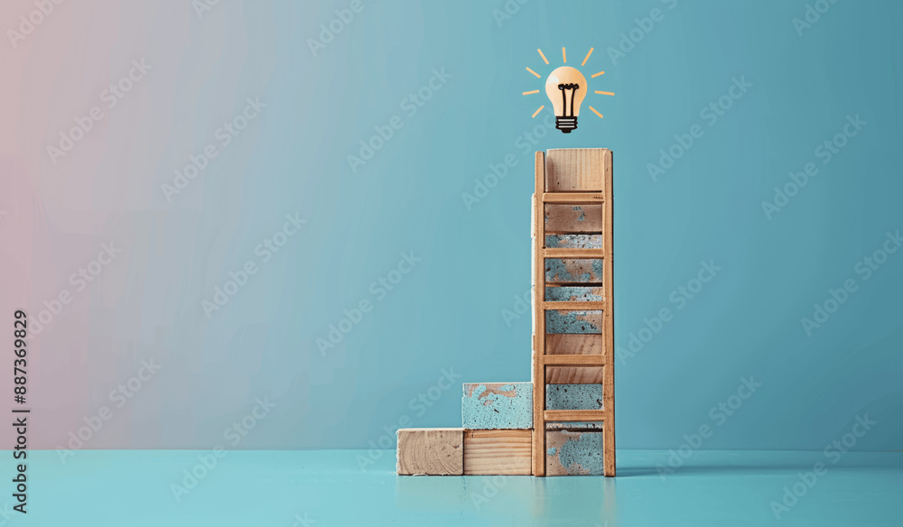 Poster creative thinking and problem solving with glowing lightbulb on ladder for business success
