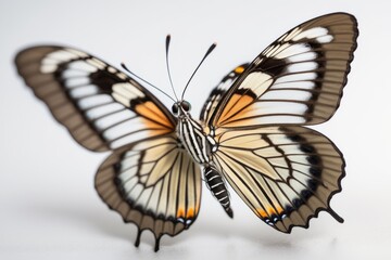 Obraz premium A colorful butterfly with orange and black wings rests on a white background