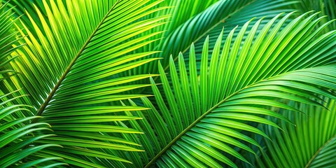 Close up of green palm tree leaves with intricate textures and patterns, palm trees, tropical, nature, exotic, lush