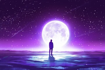 Fototapeta premium Person standing on a cosmic beach under a full moon, symbolizing wonder and tranquility in a surreal setting.