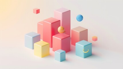 Obraz premium Abstract Futuristic 3D Render Minimalistic Style with Floating Geometric Shapes Isometric Design, Light Color Theme, Bright Background, and Soft Lighting