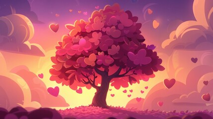 Beautiful tree with pink leaves in a field of flowers under a sunset sky, adorned with floating hearts.
