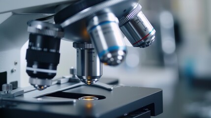 Fototapeta premium Close-up of a microscope lens with sample in a laboratory. Concepts. science, research, medicine, biology, and technology