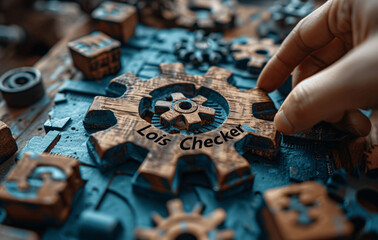 Hand Setting Loading Progress Bar with Gear Icon on Blue Background and Wooden Blocks with Graphs for Business Productivity Improvement