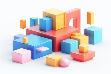 Obraz premium Abstract Futuristic 3D Render Minimalistic Style with Floating Geometric Shapes Isometric Design, Light Color Theme, Bright Background, and Soft Lighting