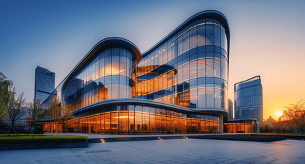 Fototapeta premium Modern office building with glass windows at sunset, cityscape and industrial park background, evening sky blue orange hues, urban architecture and beautiful lighting effects wide-angle view