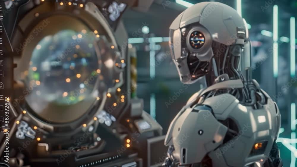 Poster a white, humanoid robot stands in a futuristic laboratory, facing away from the camera. it appears t