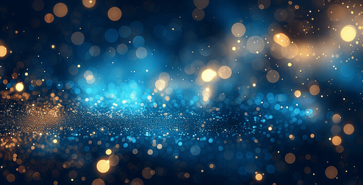 Elegant Dark Blue and Gold Background with Glittering Stars and Bokeh Effect, Shining Particles for Holiday and Christmas Design