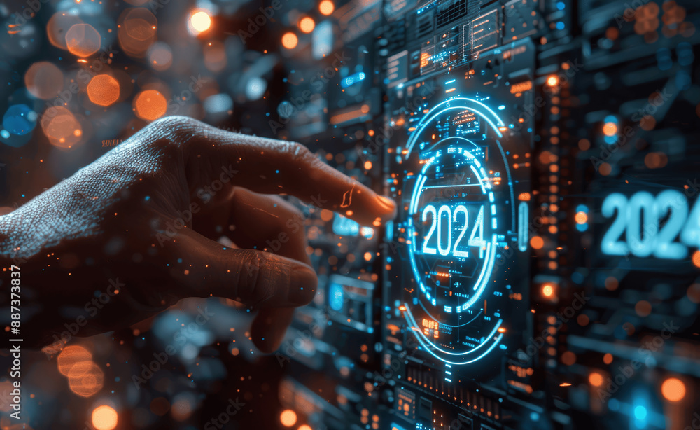 Poster hand pressing finger on digital progress bar changing from 2023 to 2024 for new year technology conc