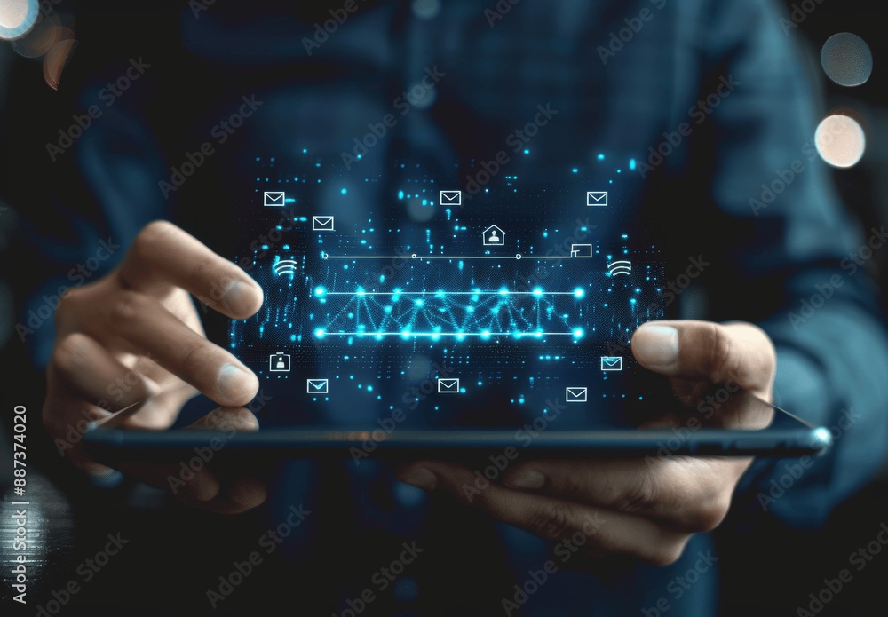Poster man holding tablet with progress bar network connection icon online security technology concept