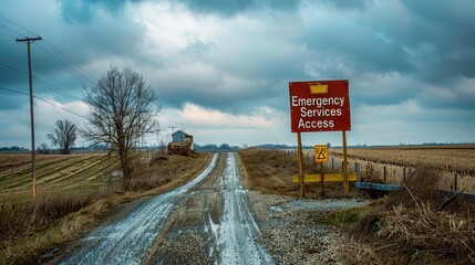 A bold sign reading "Emergency Services Access" located at the entrance of a rural road, emphasizing safety with a backdrop of farmland and fields. 