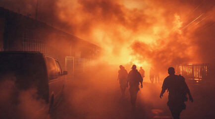 Naklejka premium 火災現場から濃い煙の中を避難する人々