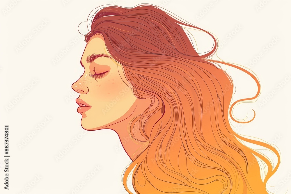 Canvas Prints Woman with flowing red hair in profile, exuding strength and confidence, set against a clean background with a minimalist aesthetic, showcasing bold colors and dynamic lines.