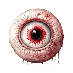 A close-up watercolor illustration of a bloody, dripping eyeball