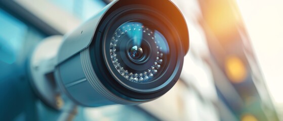 Surveillance Camera Lens Reflection on Corporate Building with Digital Overlay - Close-up View with Space for Text