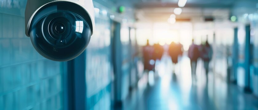Security Camera in School Corridor Watching Students, Minimal Line Art Overlay
