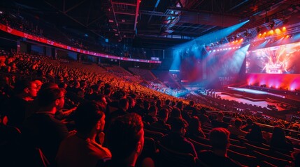 A packed arena, bathed in vibrant lighting, pulsates with anticipation as spectators watch a live esports tournament unfold on the stage