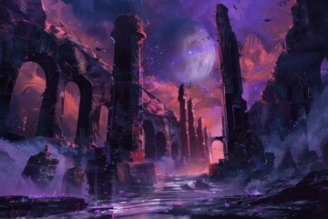 Fototapeta premium Ancient alien ruins under a purple starry sky with a pink moon