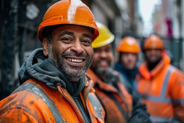 A smiling construction worker in an orange helmet and safety jacket, portraying joy and satisfaction in their work, surrounded by colleagues in the background.