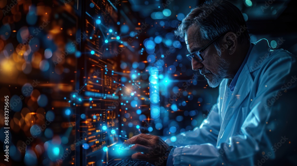 Poster focused senior scientist working with data network