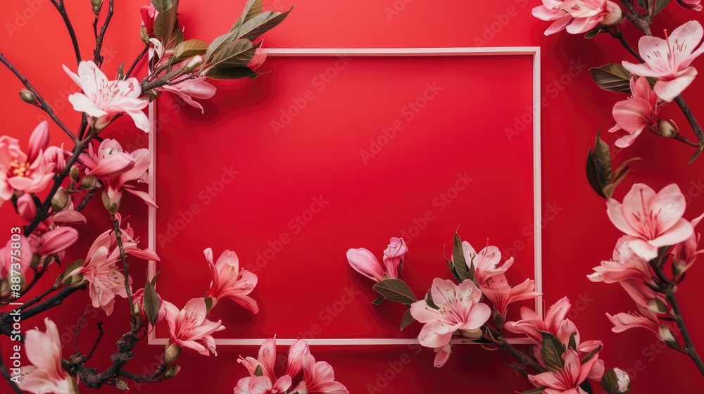 Poster elegant floral display with light pink flowers blank frame on red backdrop for text suitable for var