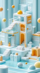 Abstract Futuristic 3D Render Minimalistic Style with Floating Geometric Shapes Isometric Design, Light Color Theme, Bright Background, and Soft Lighting
