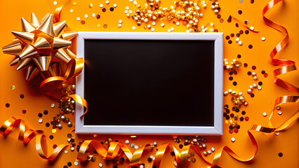 Celebration background template with confetti and gold ribbons. Blank space for text