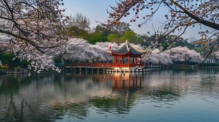 Fototapeta premium Cherry blossoms in full bloom East Lake Sakura Garden in Wuhan Hubei : Generative AI