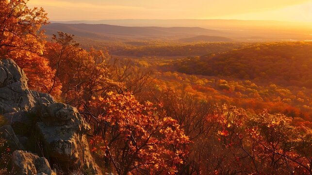An autumn golden hour photo at Hogback Overlook on Skyline Drive in Shenandoah National Park Virginia : Generative AI
