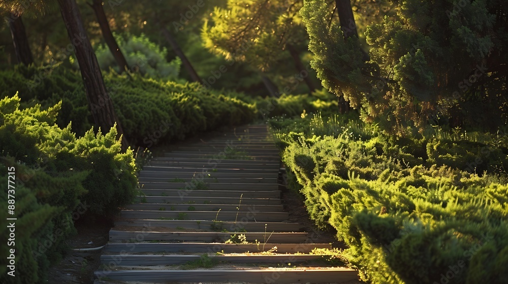 Poster cozy park with a beautiful staircase paths and juniper bushes wide photo : generative ai