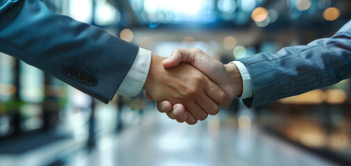 a professional handshake between two businesspeople in a modern office setting, symbolizing successful partnership and collaboration. Aligning corporate vision with strategic goals ensures long-term