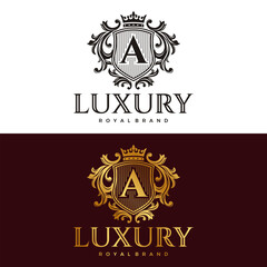 Luxury logo element with Crown, Wing, Emblem, Heraldic, Monogram in Vintage style.