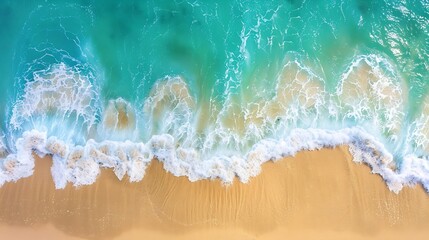 Relaxing aerial beach summer vacation tropical Mediterranean landscape banner Waves surf amazing blue ocean lagoon sea shore coastline Beautiful aerial drone top view Peaceful beach se : Generative AI