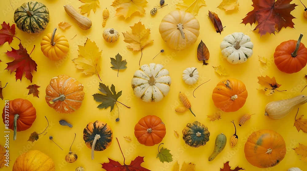 Poster overhead shot of various pumpkins and autumn leaves arranged on a vibrant yellow backdrop perfect fo