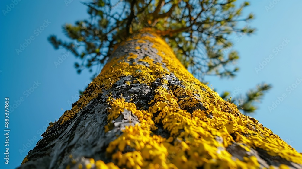 Poster a pine tree trunk covered in yellow moss reaches towards the sky creating a striking contrast betwee
