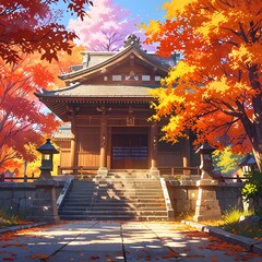 japanese temple in autumn anime style
