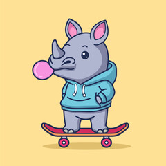Cute rhino wearing hoodie and blowing gum on skateboard cartoon vector illustration