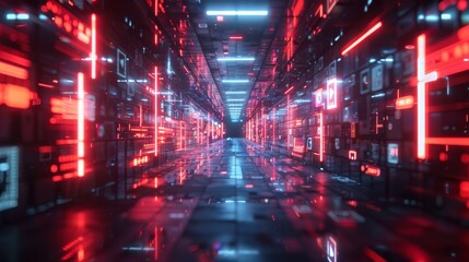 Fototapeta premium symmetrical 3d modern social media world with Instagram posts and reels with red and white lights 