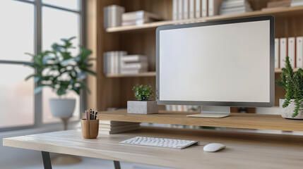 Contemporary home workspace with blank computer screen, shelves with books, natural light