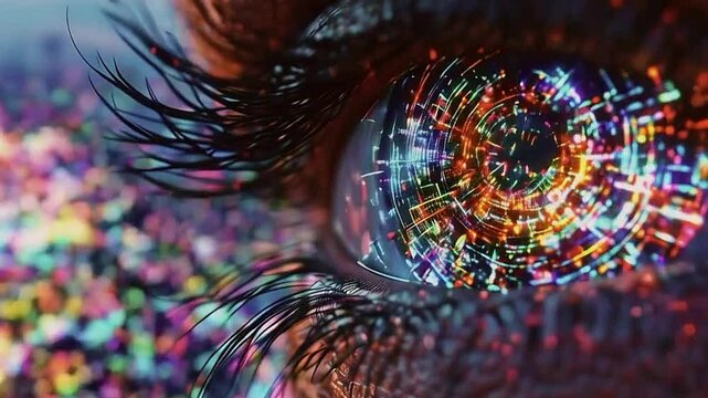 Zoom into a digital eye, transitioning to a boundless virtual landscape that pulses with the character's heartbeat, visualizing 'Pixels and circuits, my digital embrace